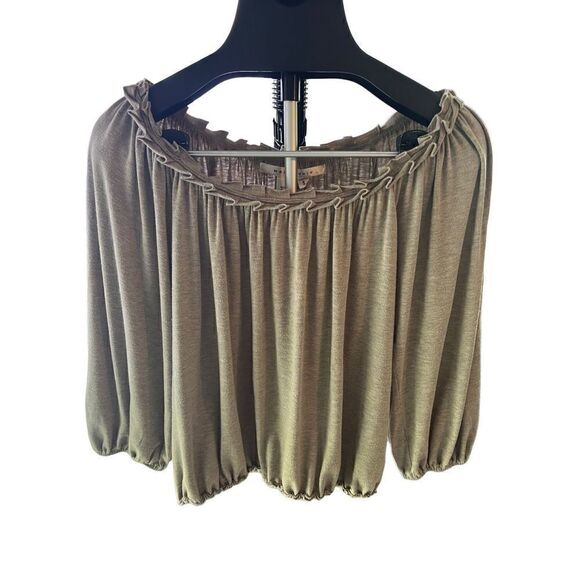 Max Studio Women’s SZ S BoHo Sleeves Tan Color Off Shoulder Blouse Top Shirt - Picture 1 of 5